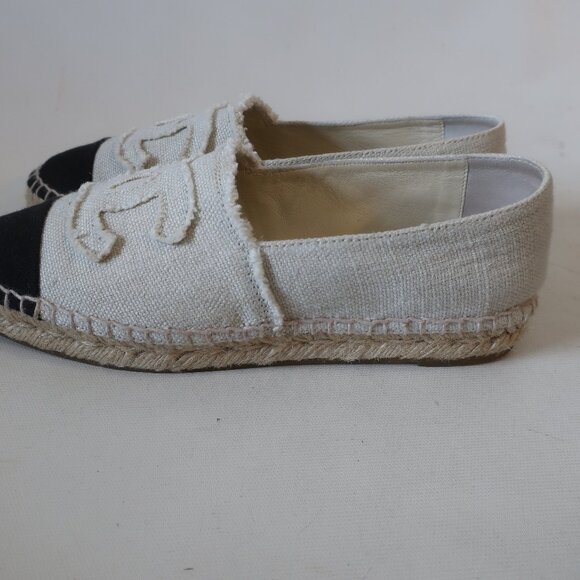 Authentic Womens Chanel Rev Coco Beige Black Linen Flat Espadrille Shoes 38 US/8 - Picture 7 of 14